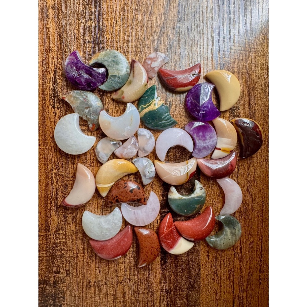 Natural Crystal Crescent Moon Carvings Amethyst Rose Quartz Jasper Celestial Set